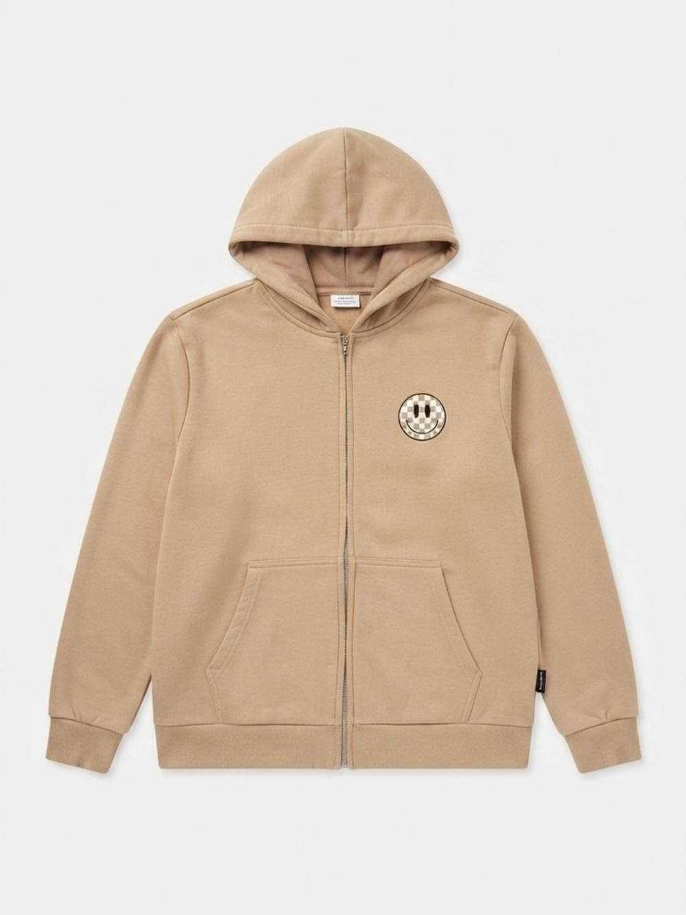 Little Bipsy  Tan Zip-Up Hoodie with Checker Smiley Patch